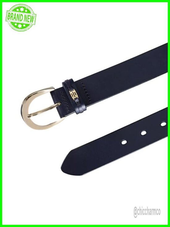 Women\'s Leather Belt with Harness Buckle and Logo Ornament